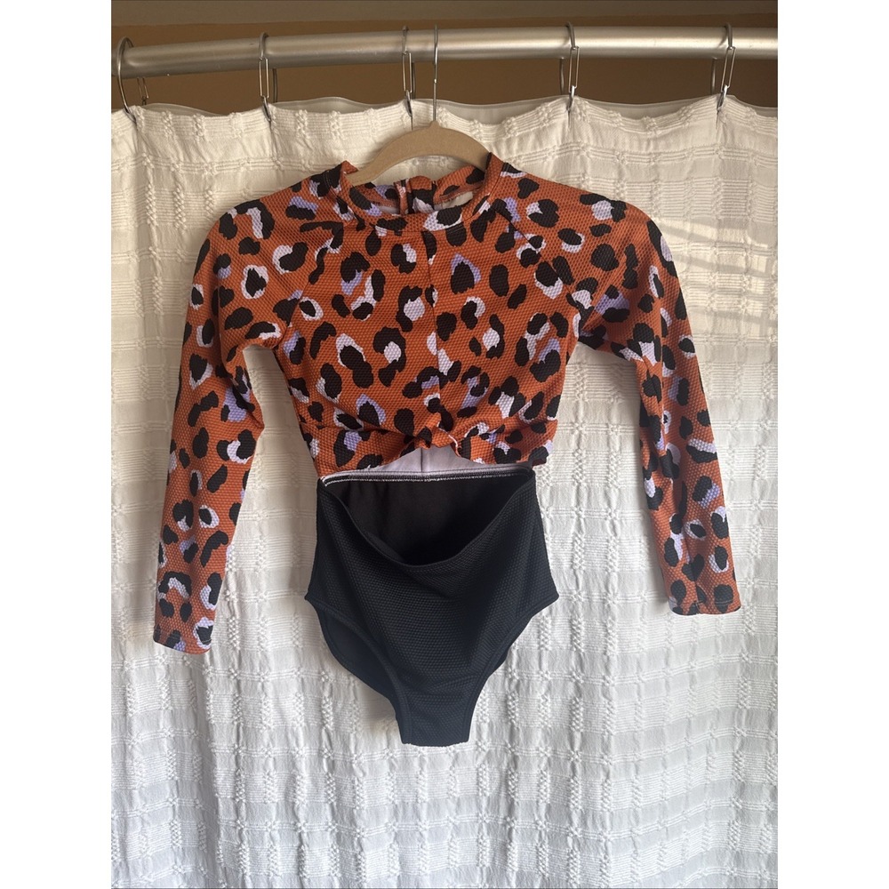 Art Class Girls Leopard Print One Piece Long Sleeve Bikini Zip Back Texture Sz 8